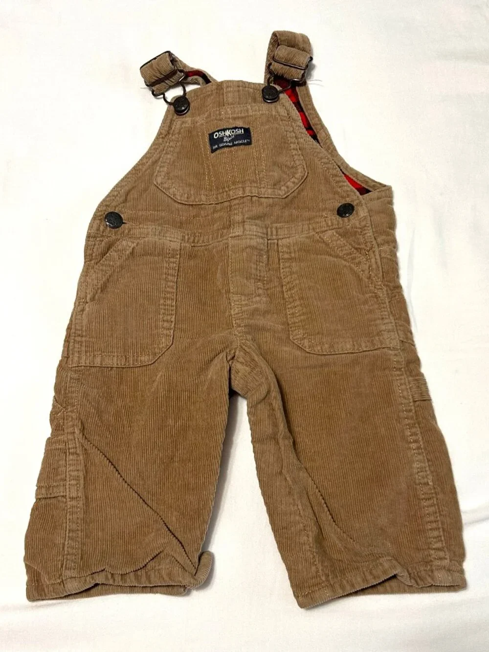 6 Month OshKosh B'Gosh Corduroy Tan Khaki Overalls with Plaid lining and pockets